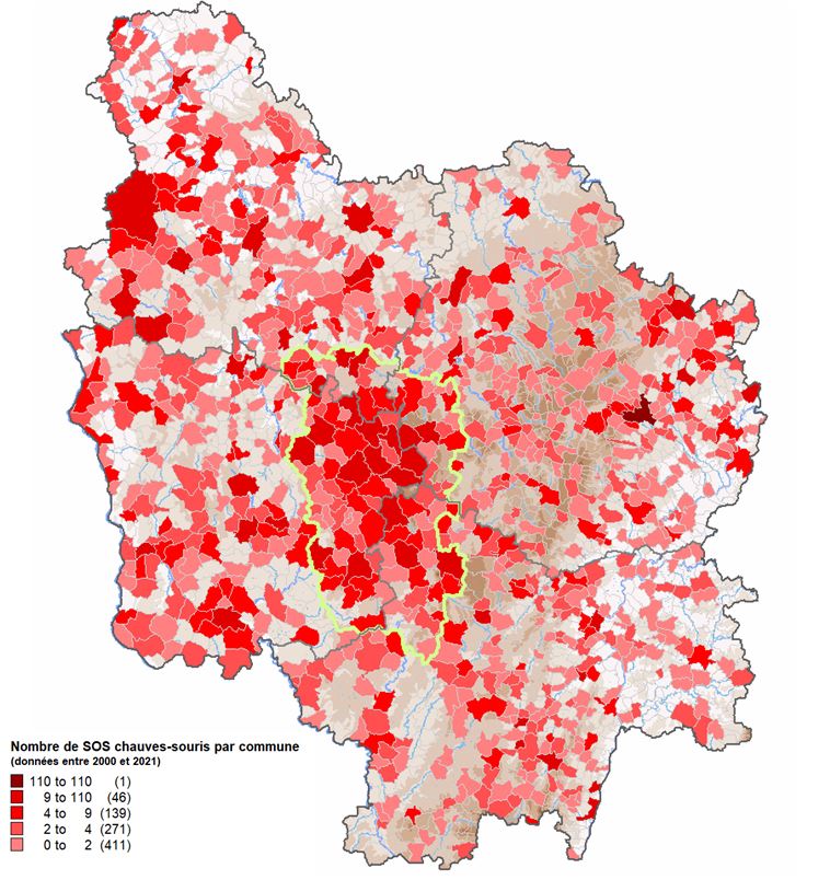 Nombre de SOS chauves-souris par commune (données entre 2000 et 2021)