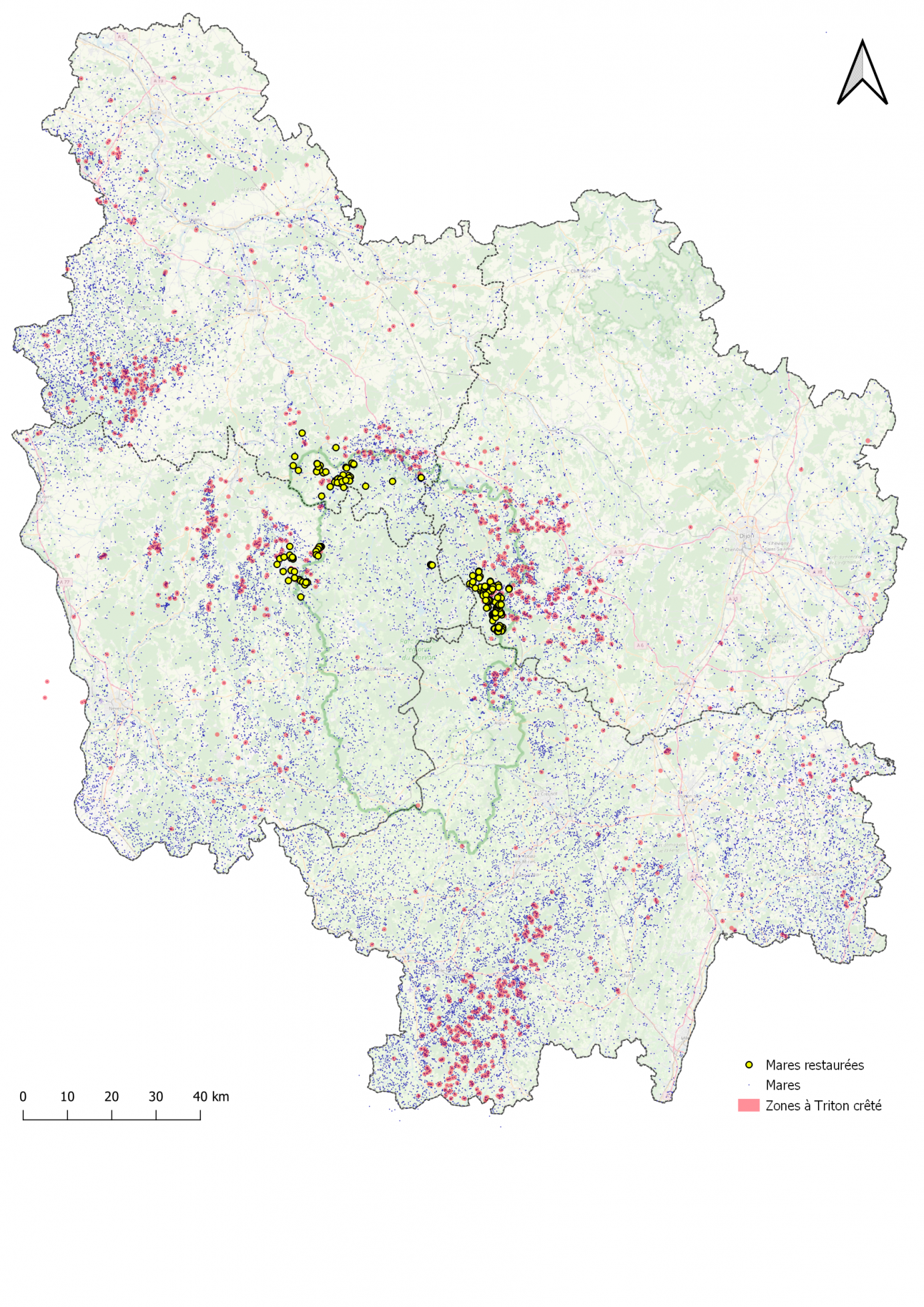 Carte des mares restaurées en Bourgogne en 2022